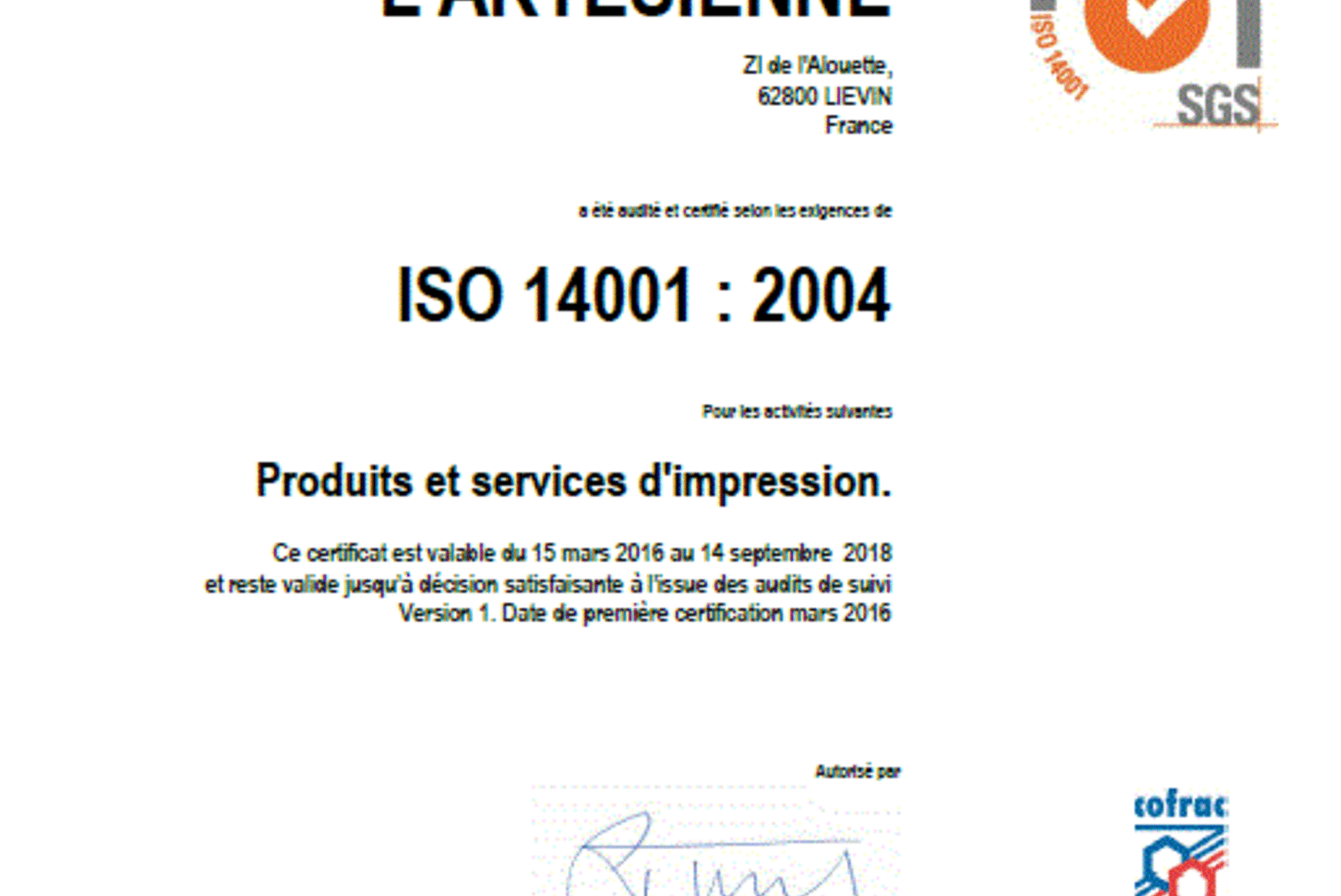 Certificat ISO 14001 - SGS