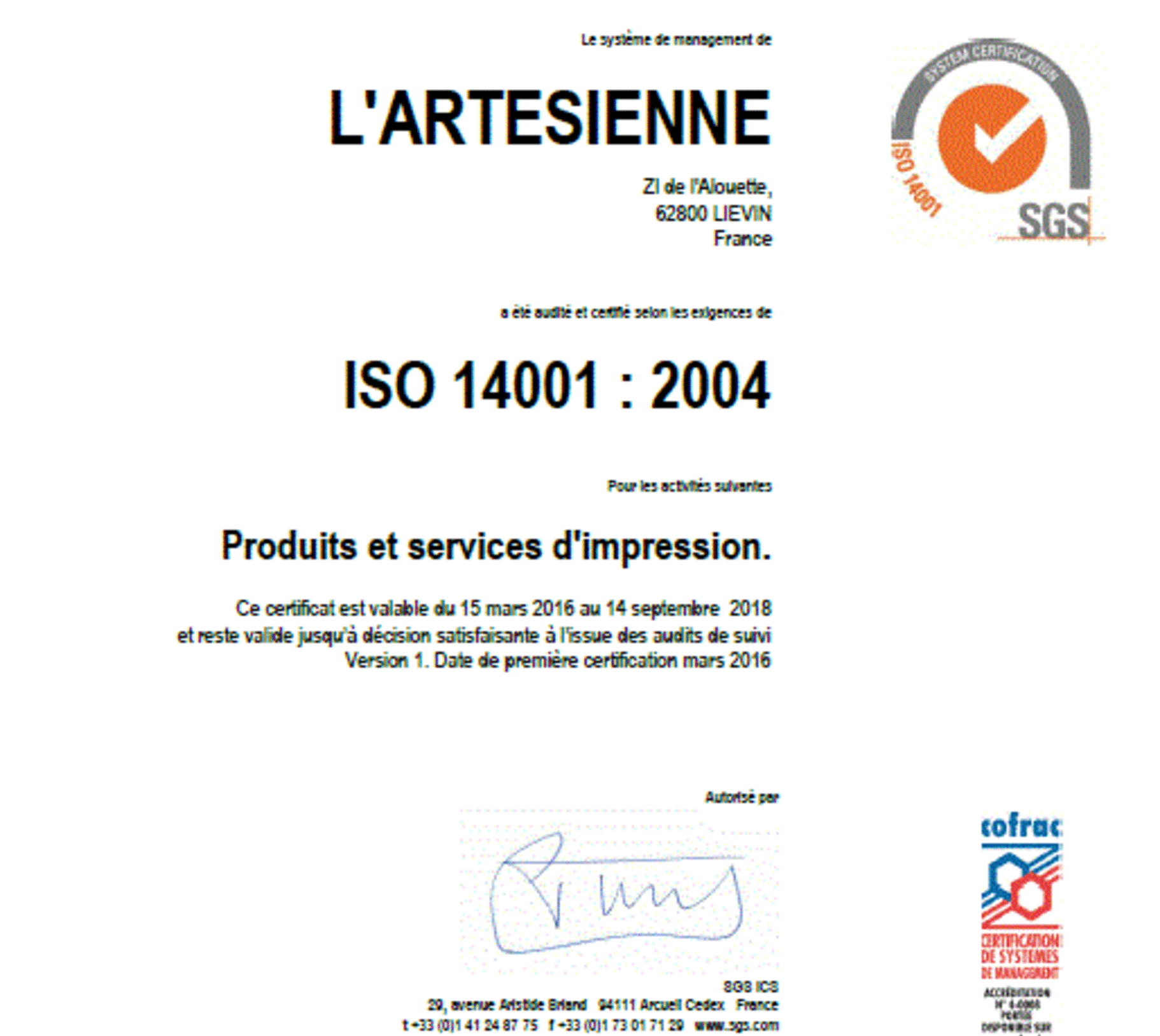 Certificat ISO 14001 - SGS